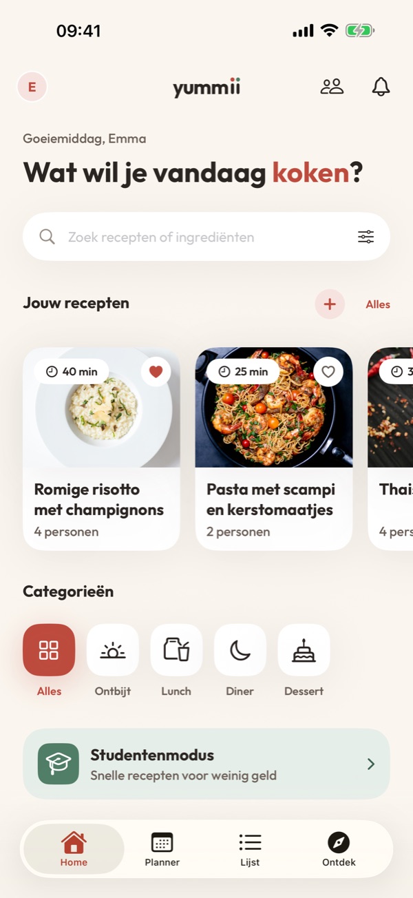 Het beginscherm van Yummii: je recepten met foto, categorieën en de studentenmodus